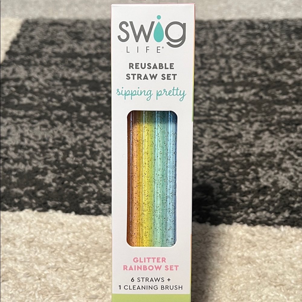 Swig Life reusable straw set, rainbow glitter, six straws/brush, NEW! - Picture 2 of 5